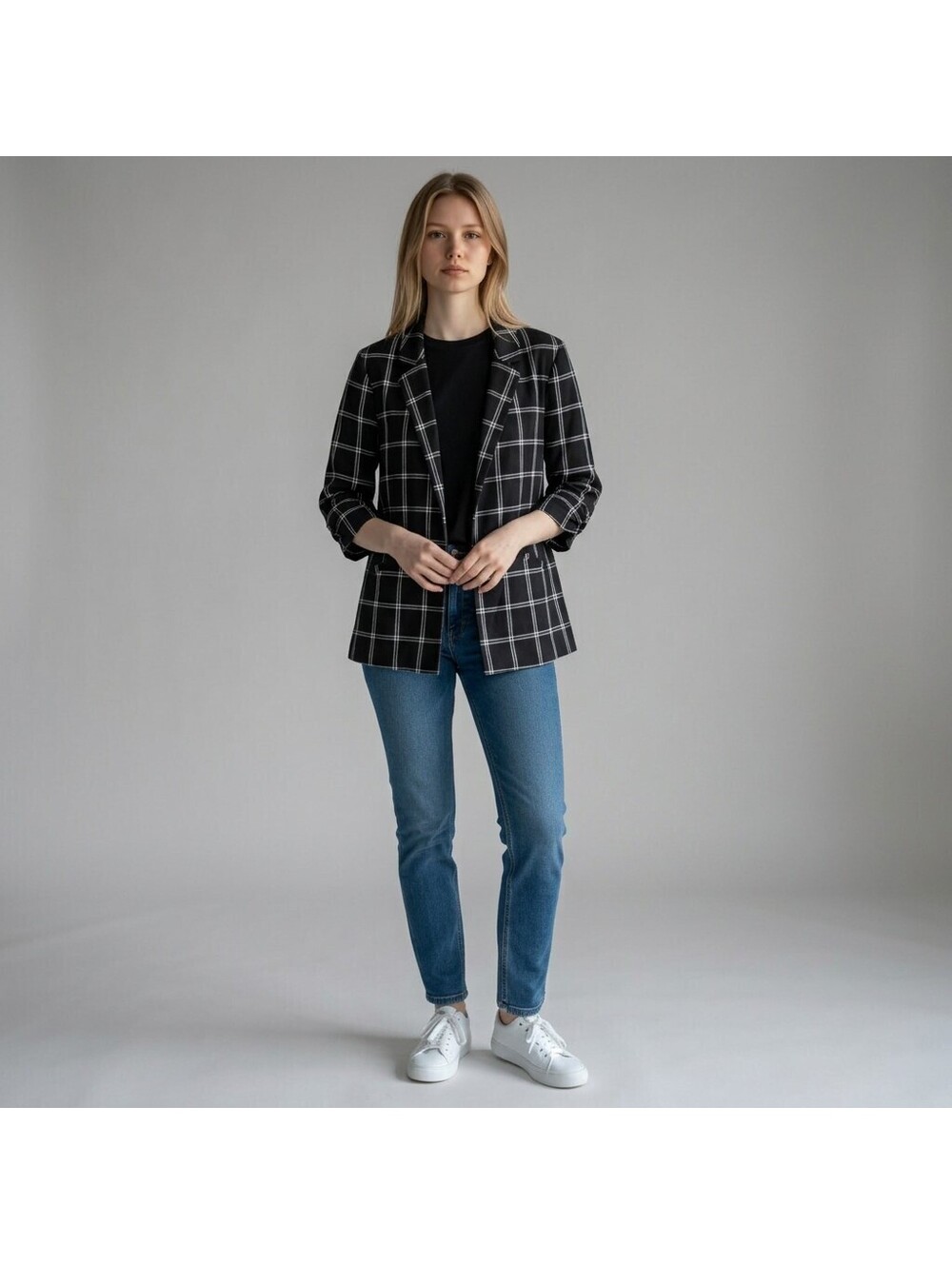 Elle Blazer Women M Medium Black Plaid Collared Open Front 3/4 Sleeve Career